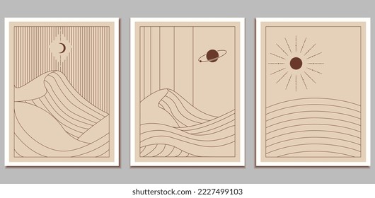 Set of boho line art, modern style, minimalistic monochrome art