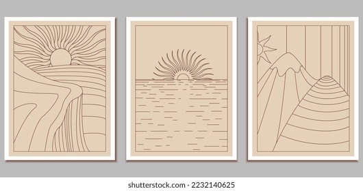 Conjunto de arte de líneas de boho, estilo moderno, arte monocromático minimalista