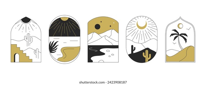 Set of boho logo with cactus, desert landscape, oasis, palm and cliffed coast, mountain, sun. Vector bohemian emblems in minimal liner style. Frames, borders, arch line art travel or hiking decoration