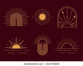 Set Of Boho Logos. Collection Of Minimalistic And Linear Images With Mystical Objects. Ocultism, Esotericism And Intangible Energy. Cartoon Flat Vector Illustrations Isolated On Red Background