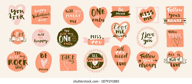 Set of Boho Love hand drawn logos. Valentines Day quotes for Bohemian style badhes, postcards, photo overlays, greeting cards, T-shirts, prints in retro style. Vintage calligraphic vector illustration