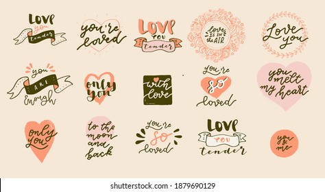 Set of Boho Love hand drawn logos. Valentines Day quotes for Bohemian style badges, postcards, photo overlays, greeting cards, T-shirts, prints in retro style. Vintage calligraphic vector illustration