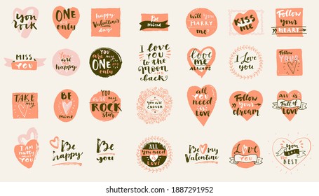 Set of Boho Love hand drawn logos. Valentines Day quotes for Bohemian style badges, postcards, photo overlays, greeting cards, T-shirts, prints in retro style. Vintage calligraphic vector illustration