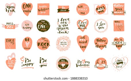 Set of Boho Love hand drawn logos. Valentines Day quotes for Bohemian style badges, postcards, photo overlays, greeting cards, T-shirts, prints in retro style. Vintage calligraphic vector illustration