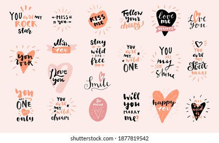 Set of Boho Love vintage hand drawn quotes. Valentines Day quotes for Bohemian postcards, photo overlays, greeting cards, T-shirts, prints in retro style. Calligraphic art. Vintage vector illustration