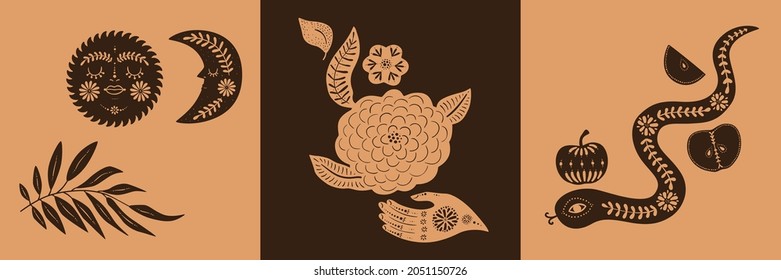 Set of boho magic autumn posters, square cards. Sun, Moon, branch, flowers. hand, snake, apples. Silhouette linocut style. For print, cover, article, social media, greeting. Cute vector illustration.