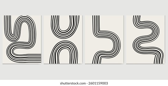Set of boho Mid century modern minimalist art print with organic natural shape. Abstract contemporary aesthetic background with Minimal black line on beige.Boho wall decor.