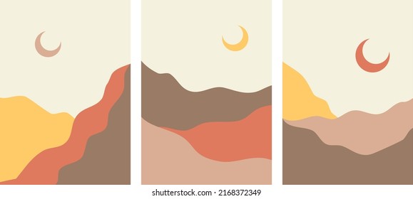 Set of Boho Minimalist Mountains Vector Posters with Warm Earthy Tones
