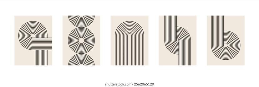 Set of boho modern minimalist abstract line art print with geometric shape. Vector 10 eps.