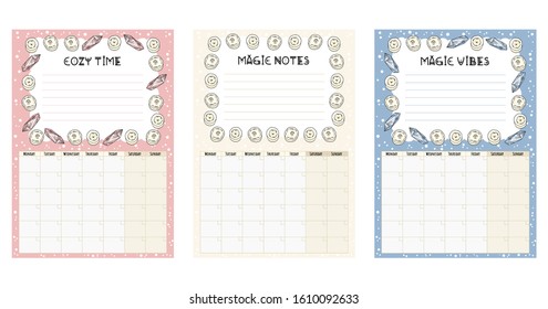 Set of boho monthly calendars with white candles decorative elements, place for notes and to do list. Cozy lagom planners. Collection of cartoon style hygge template for agenda, planners