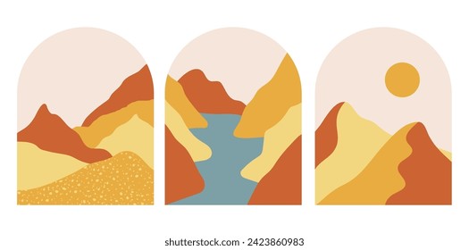 Set of boho mountains landscapes with blue river in the mid century arche. Modern terracotta and yellow vector illustration.