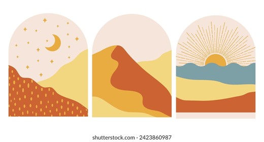 Set of boho mountains landscapes with sun and moon in the mid century arche. Terracotta and yellow vector illustration.