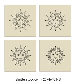 Set of boho mystic and celestial suns with faces. Vector silhouette design. Alchemy and astrology symbol. Solar sign. Tattoo. Monochrome celestial print. Engraving vintage illustration.