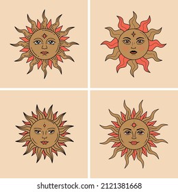 Set of boho mystic and celestial suns with faces. Vector color and line collection. Alchemy and astrology symbol. Solar sign. Tattoo. Bohemian celestial print. 