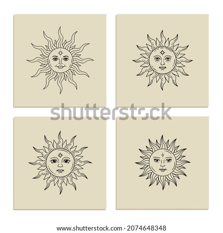 Set of boho mystic and celestial suns with faces. Vector silhouette design. Alchemy and astrology symbol. Solar sign. Tattoo. Monochrome celestial print. Engraving vintage illustration.