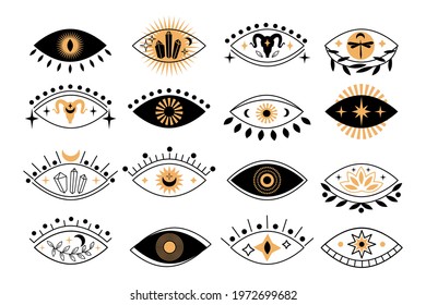 Set of boho mystical eyes icons with sun,  crescent moon, goat, lotus, cristal in trending minimal linear style. Collection vector isoteric illustration. Design for t-shirt prints, posters, tattoo