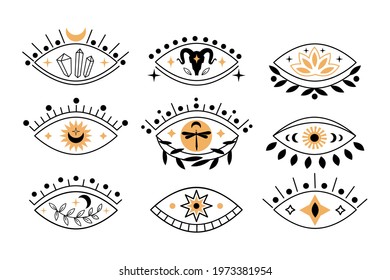 Set of boho mystical eyes icons with sun,  crescent moon, goat, lotus, cristal in trending minimal linear style. Collection vector isoteric illustration. Design for t-shirt prints, posters, tattoo