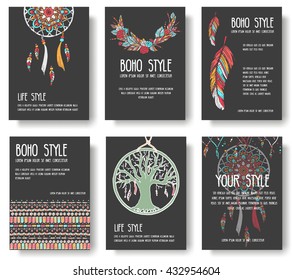 Set of boho ornament illustration style concept. Art traditional, poster, book, layout abstract, magazines, brochure. Vector decorative ethnic greeting card or invitation  design background