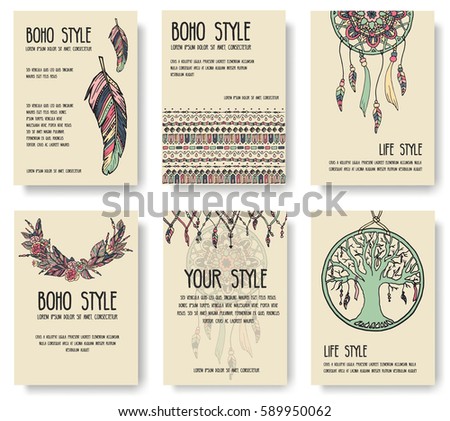 Set of boho ornament illustration style concept. Art traditional, poster, book, abstract, ottoman motifs, element. Vector decorative ethnic greeting card or invitation  design background.
