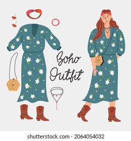 Set Boho outfit clothes. Scandinavian modern look on a girl retro floral dress, shoulder bag, headband, cowboy boots, necklace, earrings. Vector flat illustration