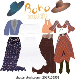 Ponga la ropa de Boho. Aspecto escandinavo moderno, vestido retro floral, falda, botas de vaquero, sombrero de vaquero. Ilustración plana del vector