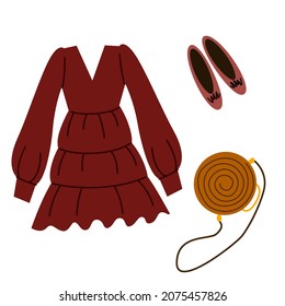 A set of boho outfits and various boho elements. Fashionable clothes, bag, dress, shoes.