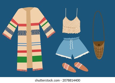 A set of boho outfits and various boho elements. Fashionable clothes, bag, top, shorts, jacket, shoes.