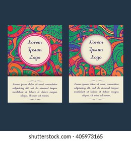 Set of boho paisley card template designs, perfect for brochure covers, leaflets, flyers, cards and invitations. Doodle design.