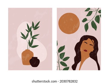 Set of boho posters. Abstract portrait illustration of woman with tropic leaves. Modern Boho style background for art print, poster, card, decor, tote bag. Leaves and vases. Stock vector illustration