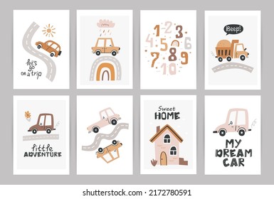 Set of boho posters with cute nursery cars. Perfect for kids bedroom, nursery decoration, posters and wall decorations