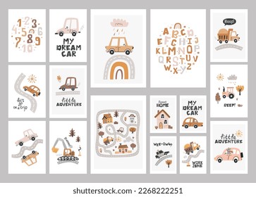 Set of boho posters with cute nursery cars. Perfect for kids bedroom, nursery decoration, posters and wall decorations