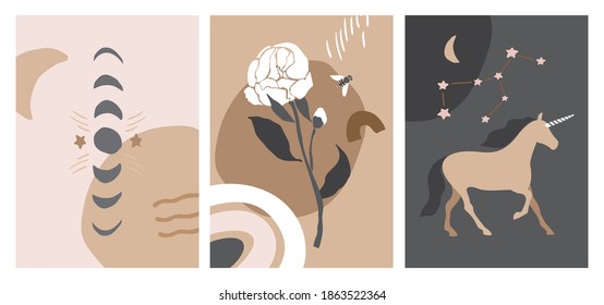 Set of boho posters in cut-out style in beige color. Vintage style cards for home decor. Phases of the moon, the unicorn, constellation, flowers on an abstract background. Flat vector illustration.