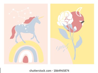 Set of boho posters in cut-out style in pastel color. Vintage style cards for home decor. Decorative peony. Unicorn, constellation, flowers on an abstract background. Cartoon vector illustration.