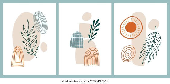 set of boho posters, prints, cards, socila media covers. Contemporary wall art collection with abstract shapes and floral elements in terra cotta palette. EPS 10