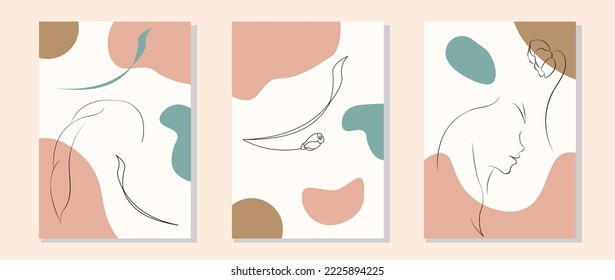 Coloca afiches de boho en el arte de la pared. Flores, formas orgánicas y muchacha. Estilo de arte de línea. Ilustración del vector