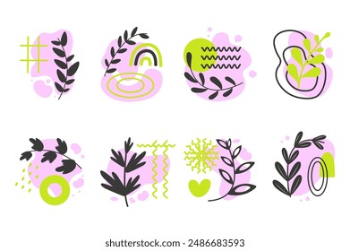 Conjunto de estampados boho en diseño plano de dibujos animados. Un maravilloso conjunto de ilustraciones con diversas Formas y líneas, diseñadas en un estilo moderno y colores brillantes. Ilustración vectorial.