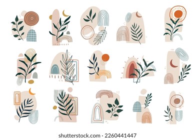conjunto de impresiones, carteles, papel pintado, tarjetas, composiciones, pegatinas decoradas con formas abstractas y elementos florales. EPS 10