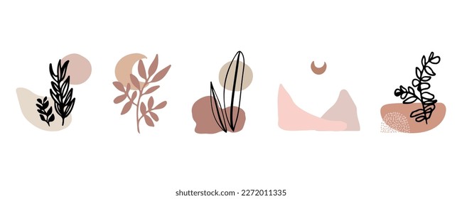 Set of boho prints, posters, wallpaper, cards, compositions, stickers decorated with abstract shapes and floral elements.