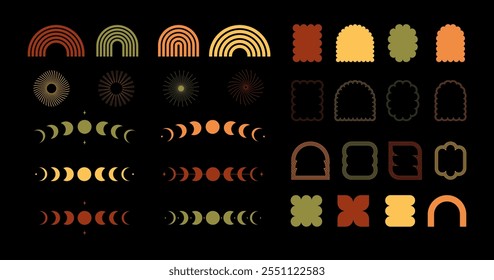 Set boho rainbow and moon phases with stars and groovy border frames with wavy lines    