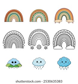  Set of boho rainbow vector,line art,icon illustration on white background.