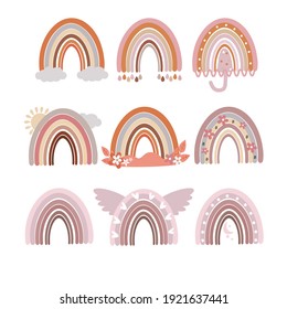 A set of Boho rainbows. Cute vector. Cliparts for children's room, greeting cards, children's and children's T-shirts and clothing, hand-drawn children's native illustration