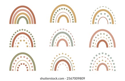 Set of boho rainbows, design elements for children's wallpaper, fabric, cards, invitations, posters, patterns, interiors, logos, stickers isolated on white background