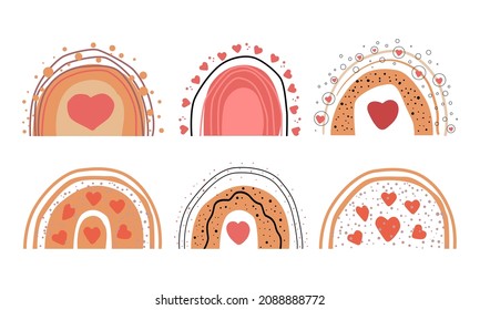 Set of boho rainbows with lovers' decor. Abstract minimalism. Wall decor. Design elements for book cover, page template, print, card, brochure, magazine, poster.  Vector