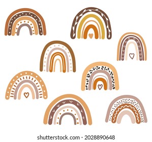 Conjunto de arcos de boho en colores pastel y marrón, elementos escandinavos aislados sobre fondo blanco. Diseño artístico de guardería, para imprimir en prendas de vestir y textiles para bebés, ilustración vectorial