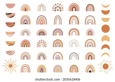 Set of boho rainbows in terracotta colors. Neutral nursery art design for decoration, bohemian printing for fabric and wall art. Hand drawn vector illustration.