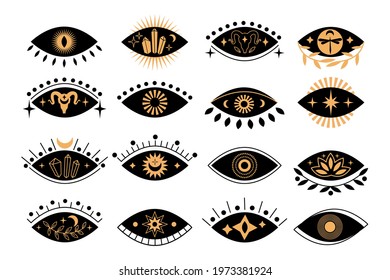 Set of boho silhouette mystical eyes with sun, crescent moon, goat, lotus, cristal in trending minimal linear style. Collection vector isoteric illustration. Design for t-shirt prints, posters, tattoo