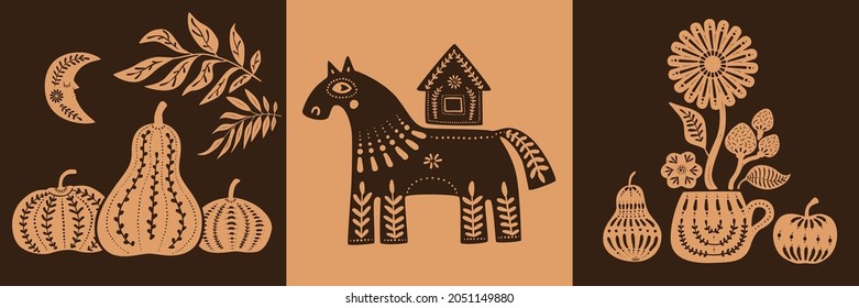 Set of boho simple autumn posters, square cards. Horse, house, branch, pumpkins, Moon, flower, apple, pear. Silhouette linocut style. For print, cover, article, social media. Cute vector illustration.