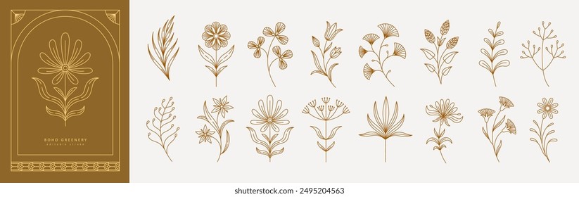 Set of boho simple geometric branch and flowers. Botanic design elements in wavy and vintage style. Leaves and branches print for logo, social media or packaging and greeting card. Vector illustration