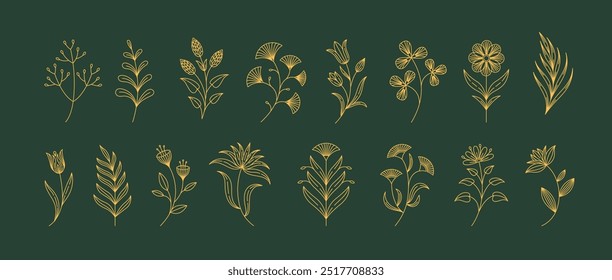 Set of boho simple geometric branch and flowers. Botanic design elements in wavy and vintage style. Leaves and branches print for logo, social media or packaging and greeting card. Vector illustration