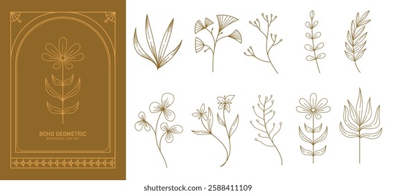 Set of boho simple geometric branch and flowers. Botanic design elements in wavy and vintage style. Leaves and branches print for logo, social media or packaging and greeting card.Vector illustration.